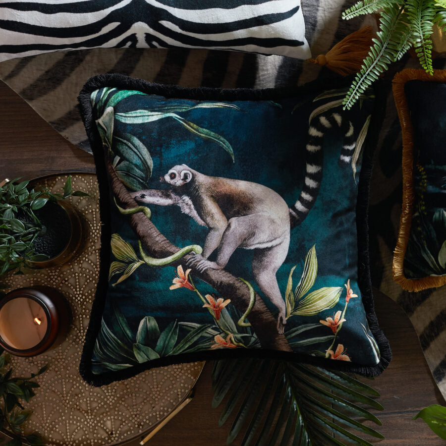 Avalana Ring Tailed Lemur Fringe Velvet Cushion-Beaumonde
