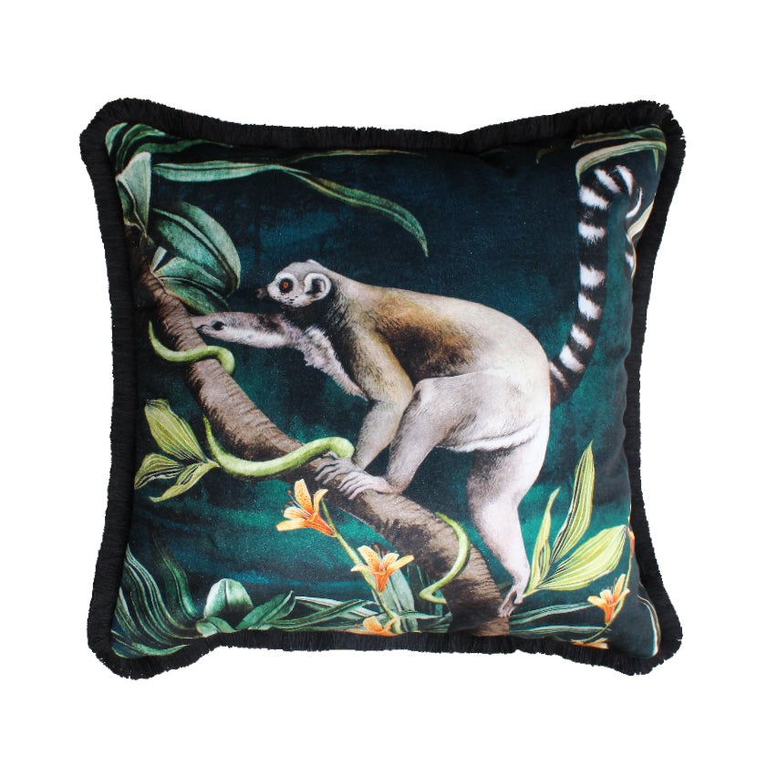 Avalana Ring Tailed Lemur Fringe Velvet Cushion-Beaumonde