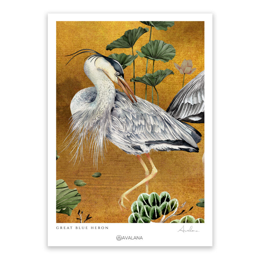 Gold Crouching Heron Art Print