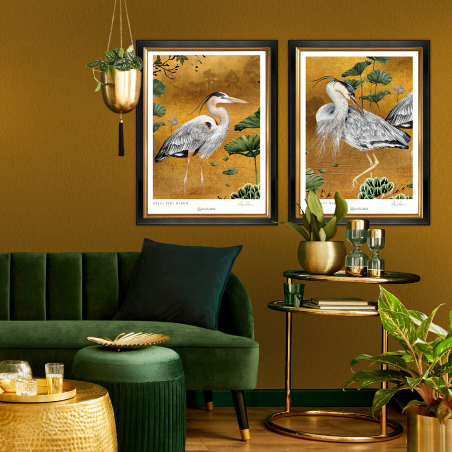 Gold Crouching Heron Art Print