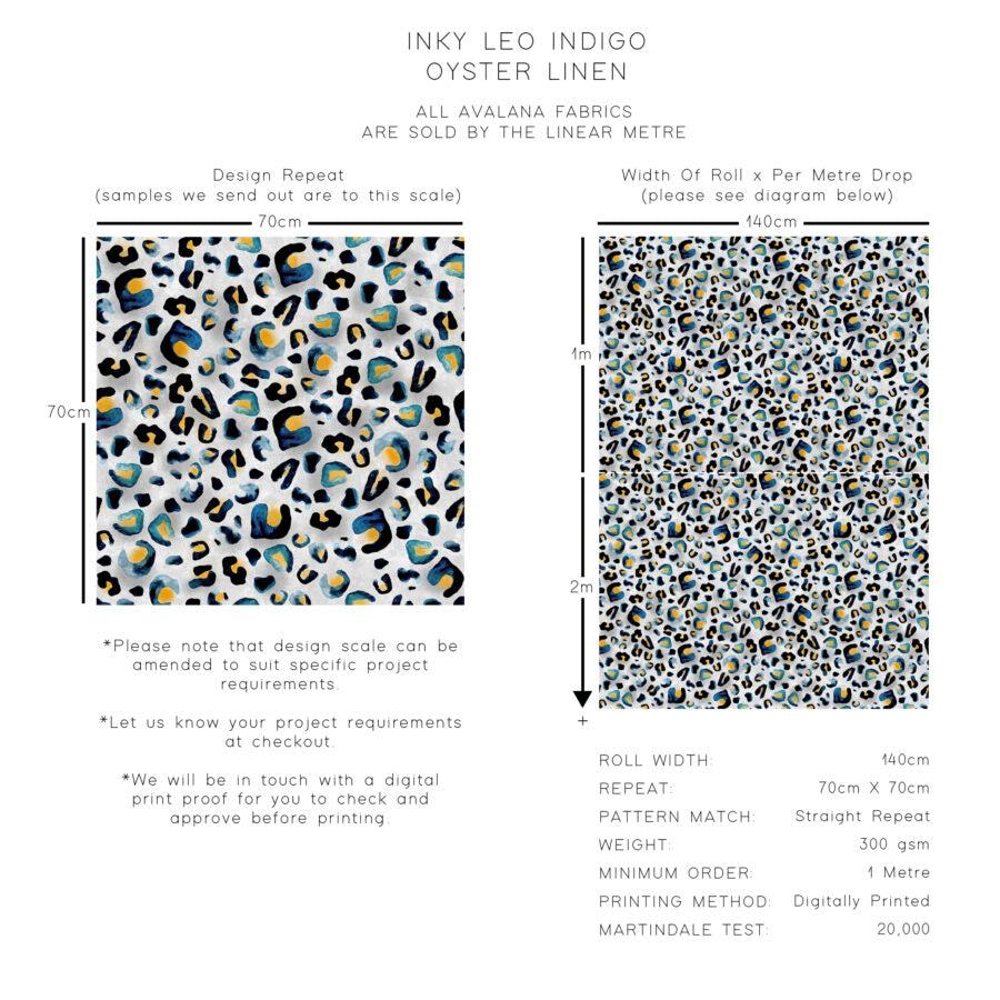 Inky Leopard Indigo Oyster Linen Fabric