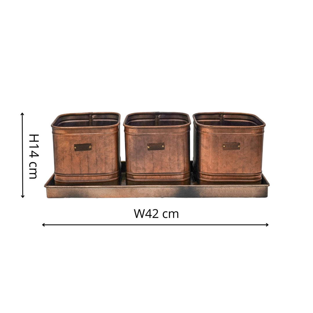 Outdoor Hampton Copper Set of 3 Herb Planters With Tray