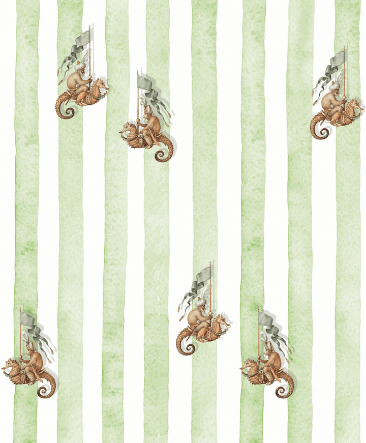 Seahorse Riders Green Repetitive Wallpaper