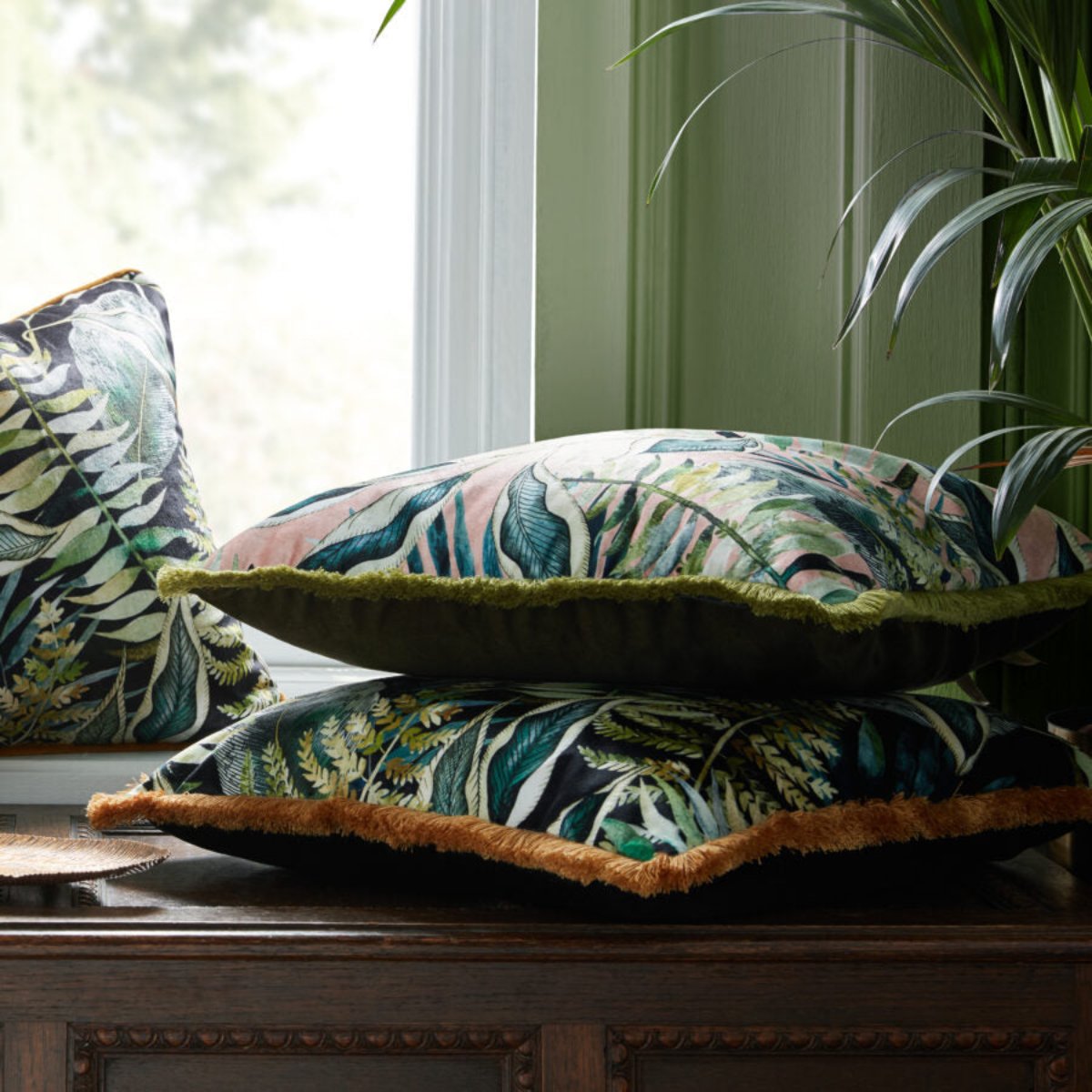 Avalana Blush Tropics Fringe Velvet Cushion-Beaumonde