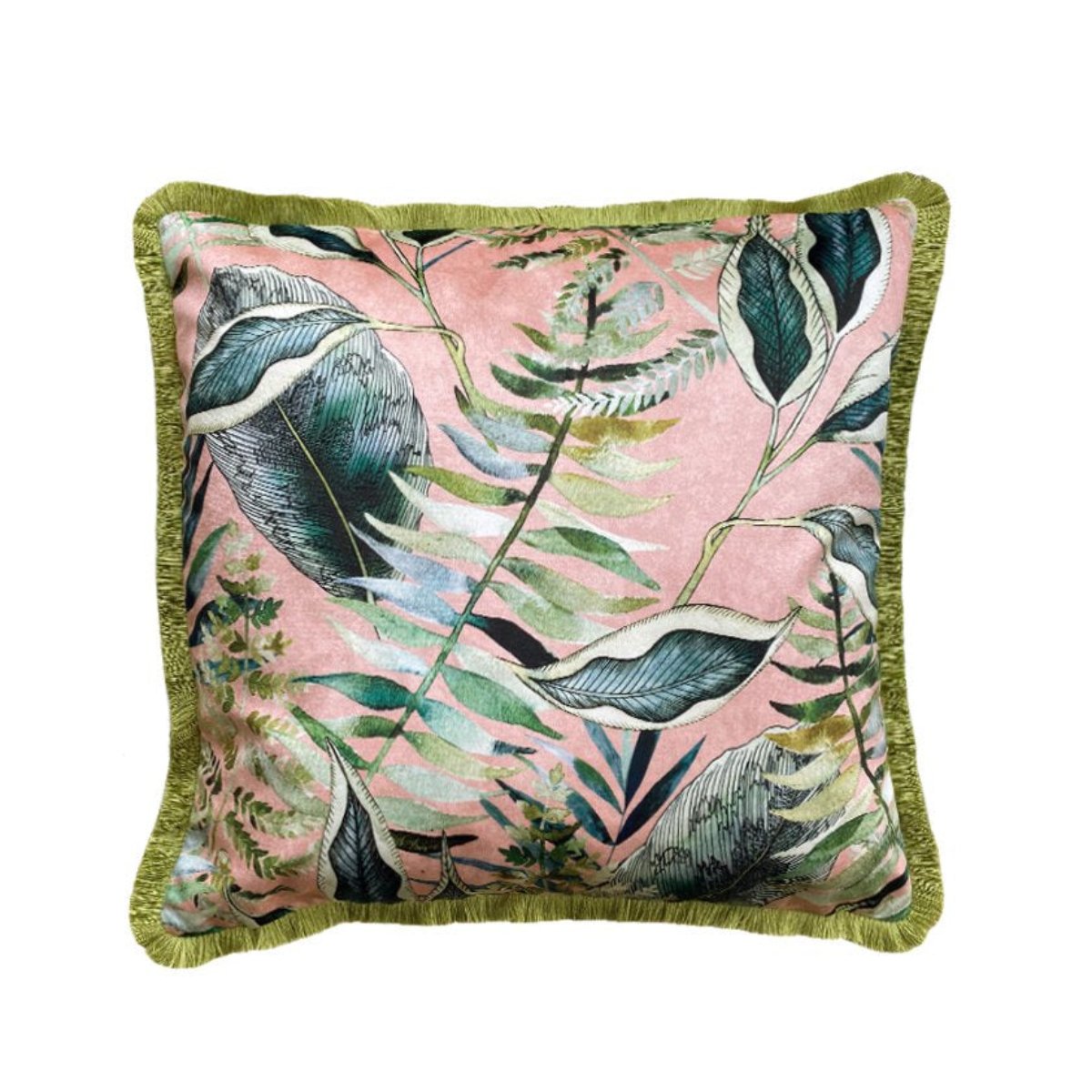 Avalana Blush Tropics Fringe Velvet Cushion-Beaumonde