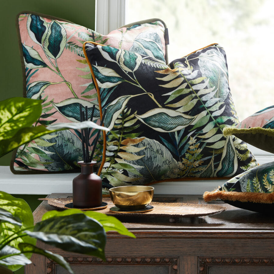 Avalana Blush Tropics Piped Velvet Cushion-Beaumonde
