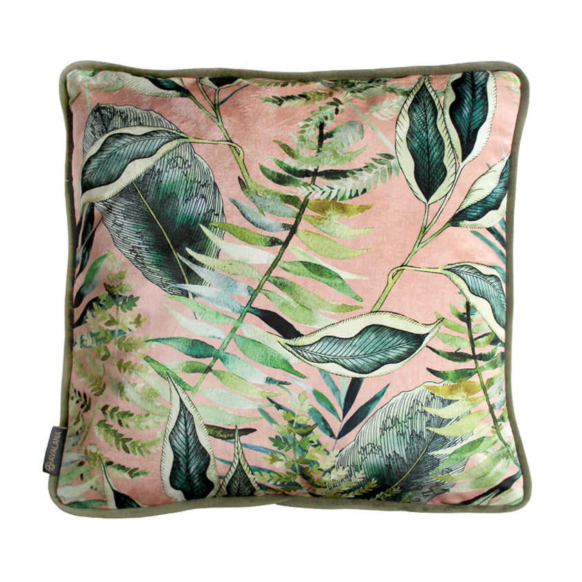 Avalana Blush Tropics Piped Velvet Cushion-Beaumonde