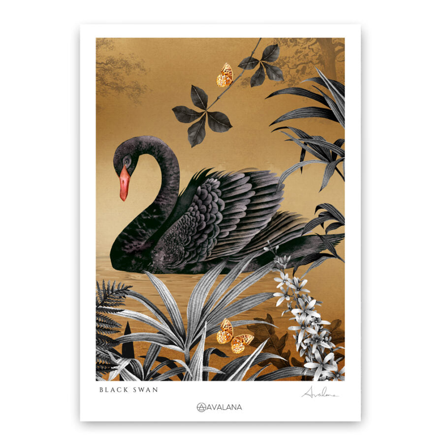 Avalana Golden Swimming Swan Art Print-Beaumonde
