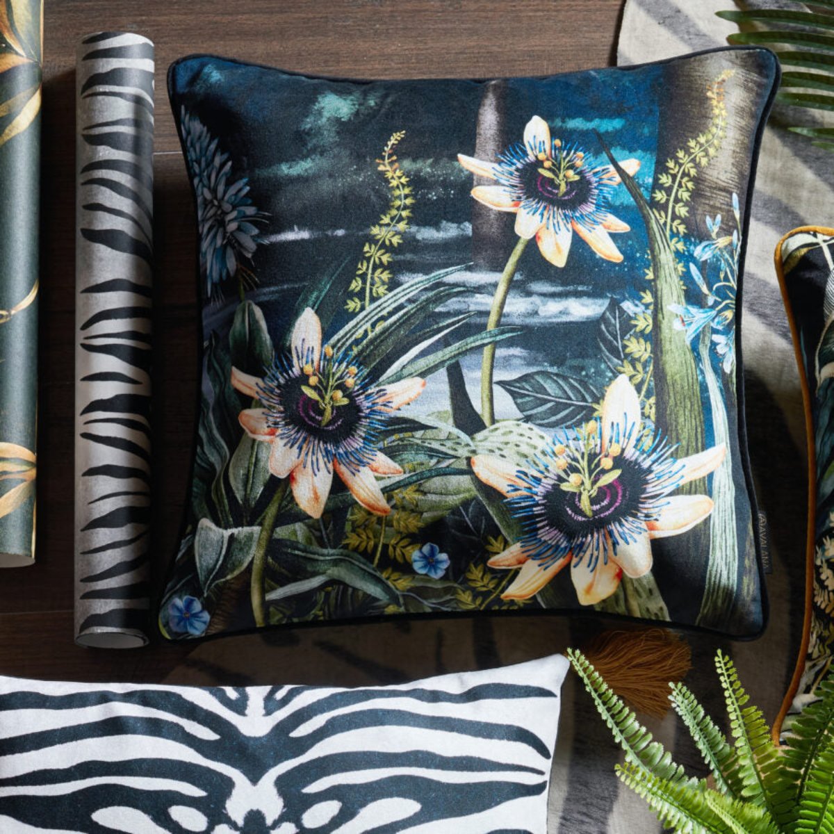 Avalana Madagascar Floral Piped Velvet Cushion-Beaumonde