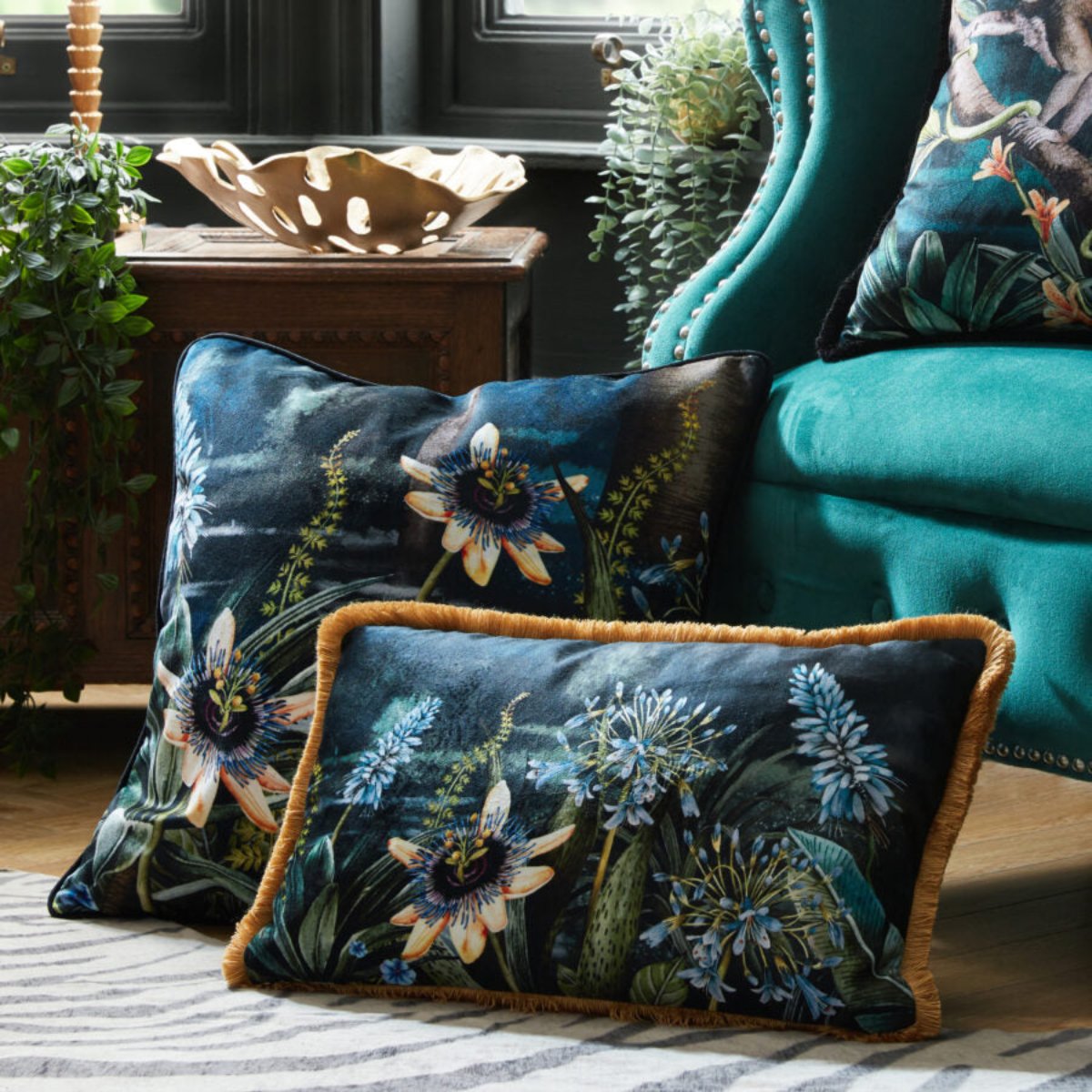 Avalana Madagascar Floral Piped Velvet Cushion-Beaumonde
