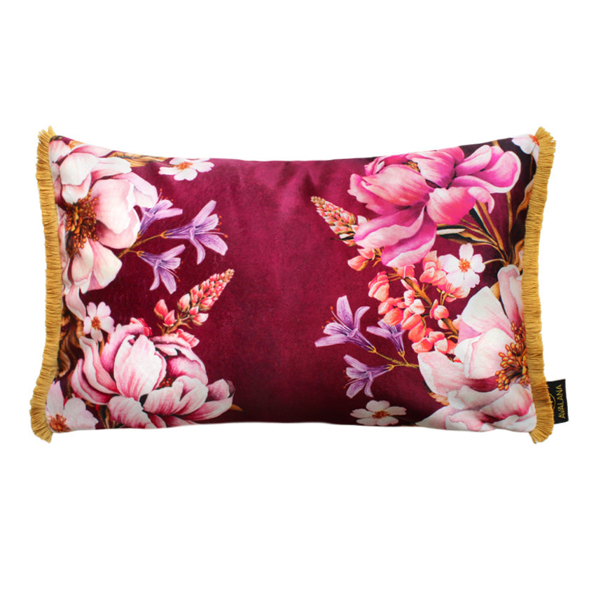 Avalana Magenta Blooms Fringe Cushion-Beaumonde