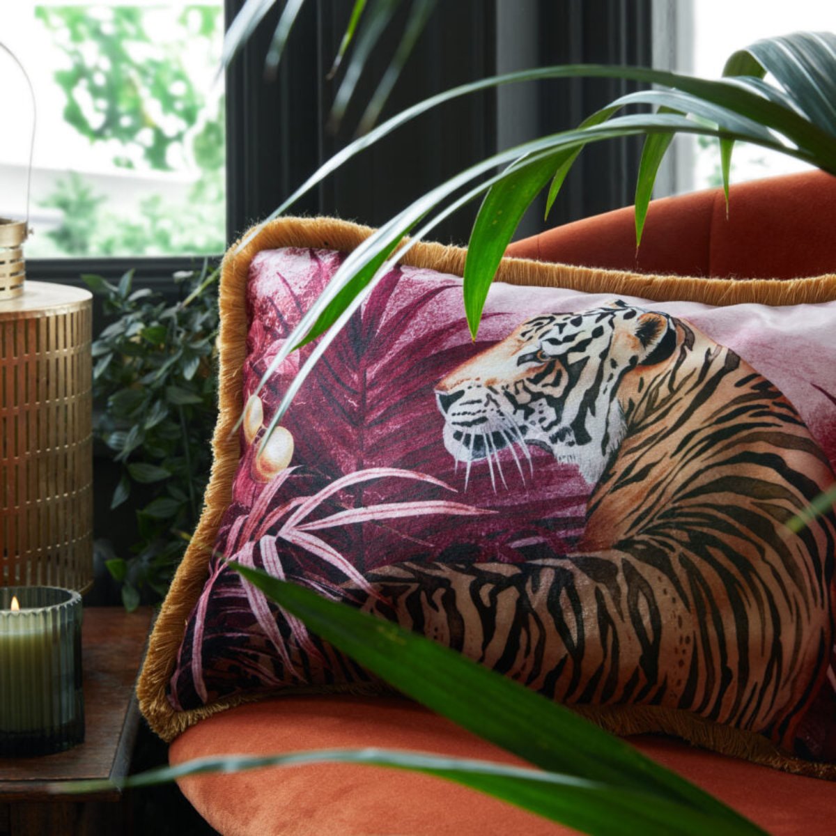 Avalana Mulberry Tigress Fringe Velvet Cushion-Beaumonde