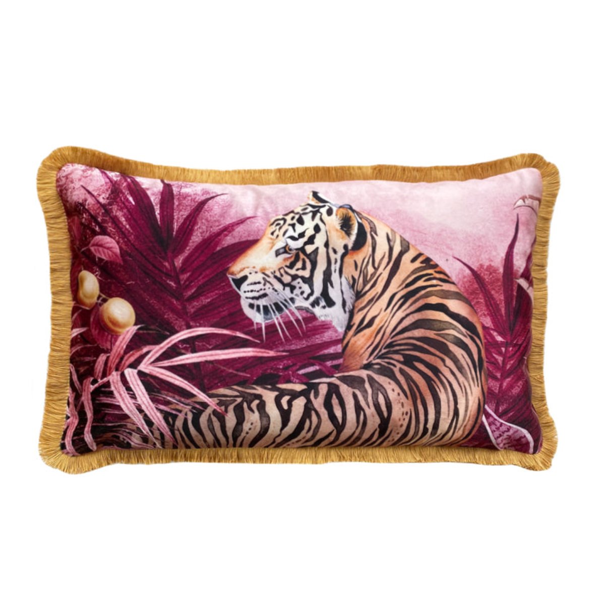 Avalana Mulberry Tigress Fringe Velvet Cushion-Beaumonde
