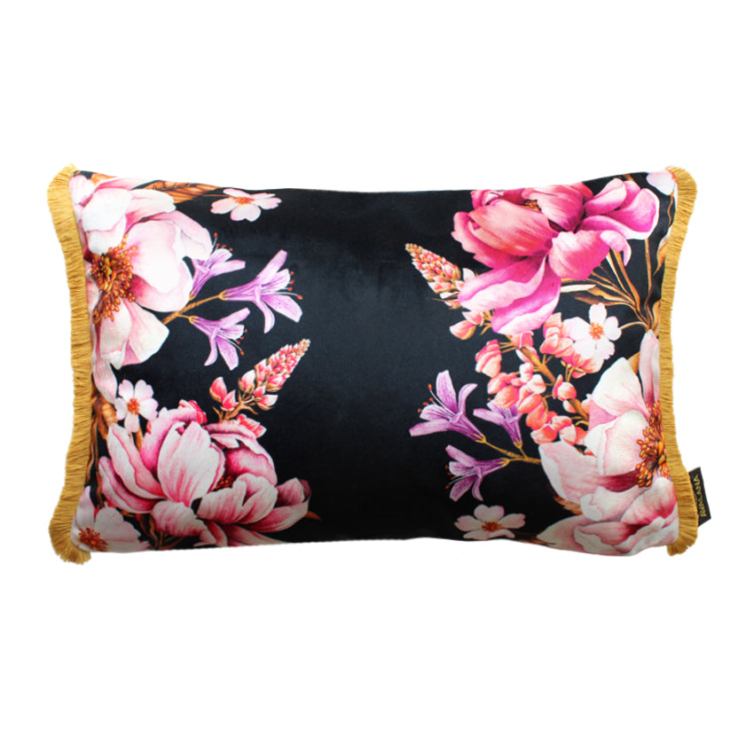 Avalana Noir Blooms Fringe Cushion-Beaumonde