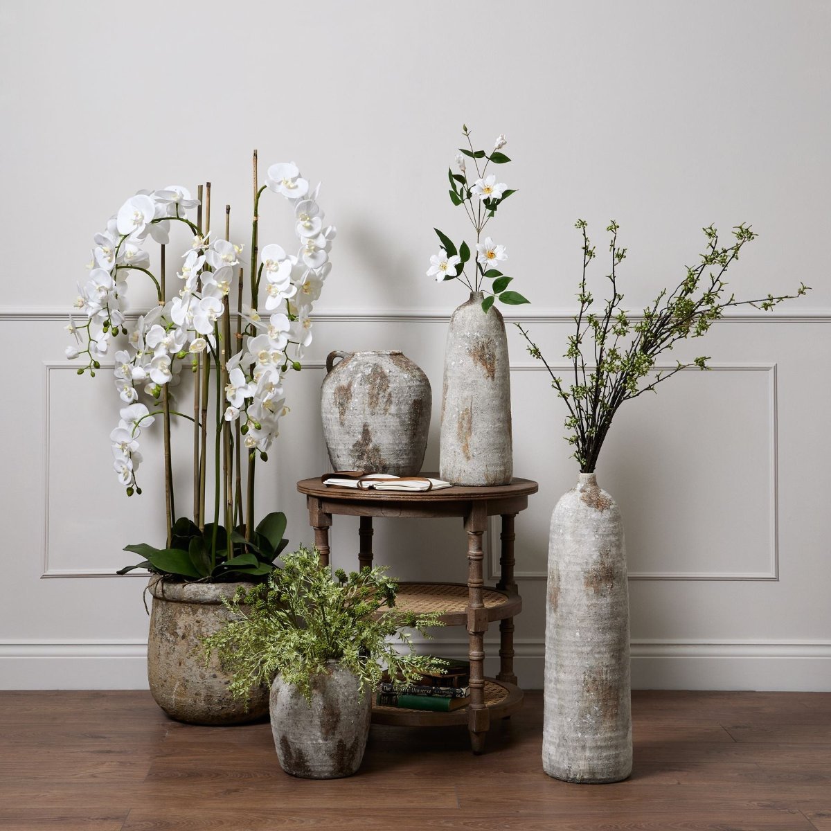 Large White Orchid In Antique Stone Pot-Beaumonde