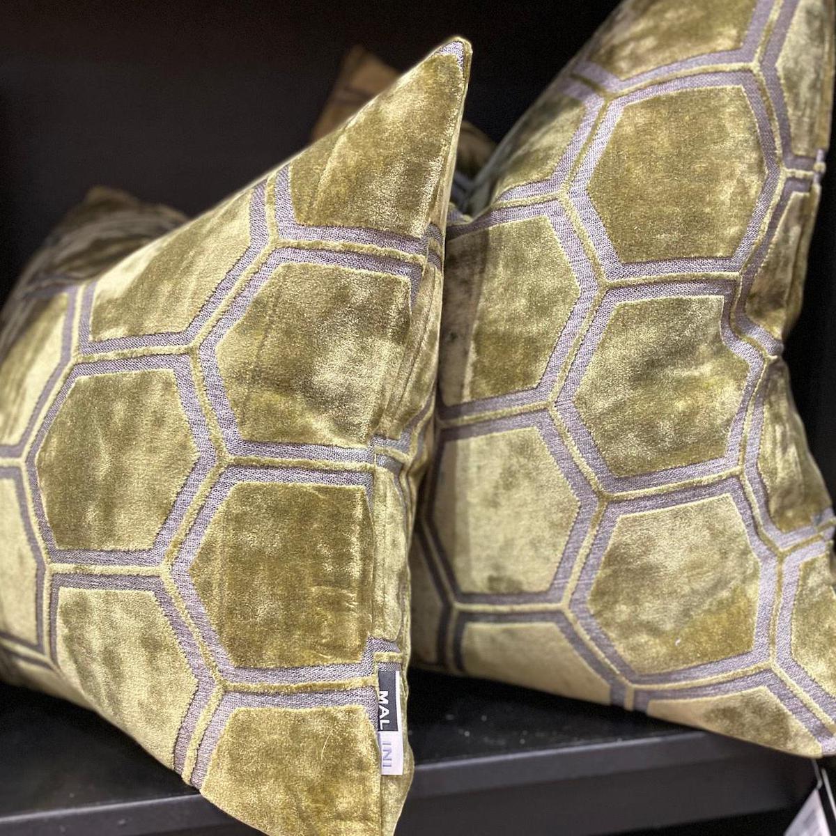 Malini Ivor Hexagon Cushion In Olive-Beaumonde