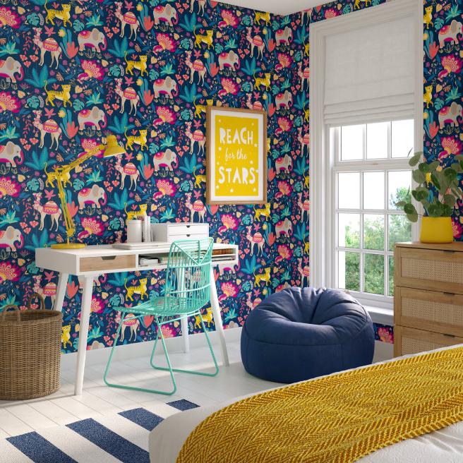 Ohpopsi Samba Safari Wallpaper - Ink & Cerise-Beaumonde