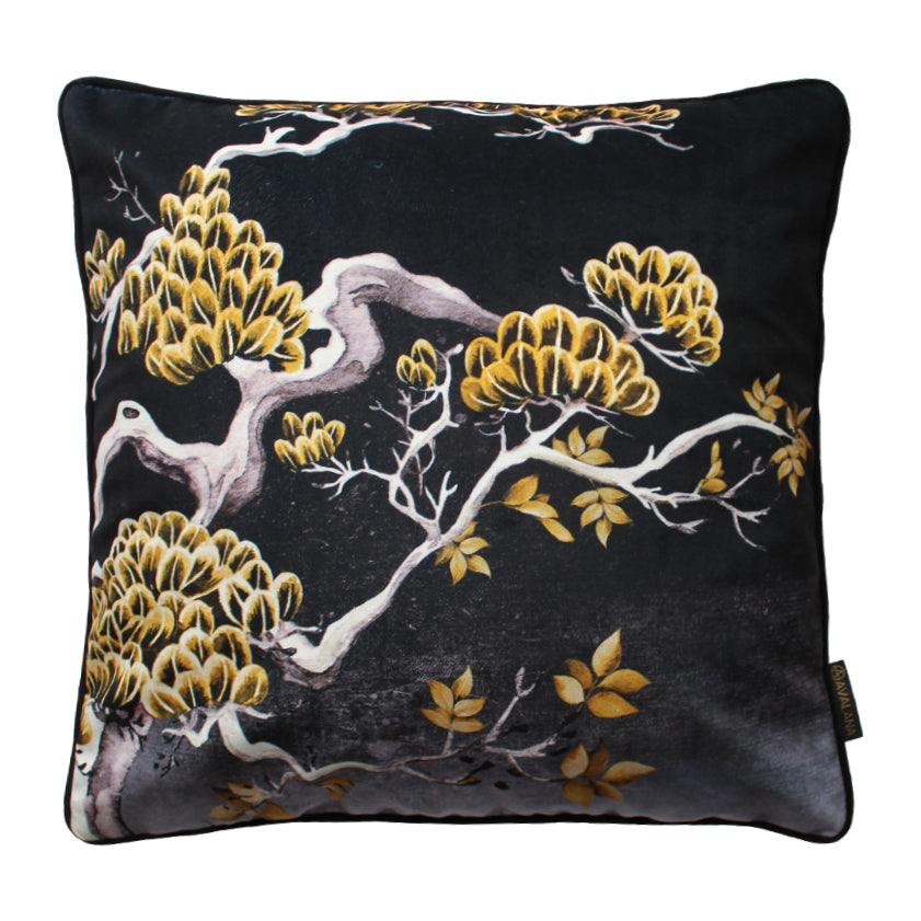 Midnight Orient Tree Piped Velvet Cushion