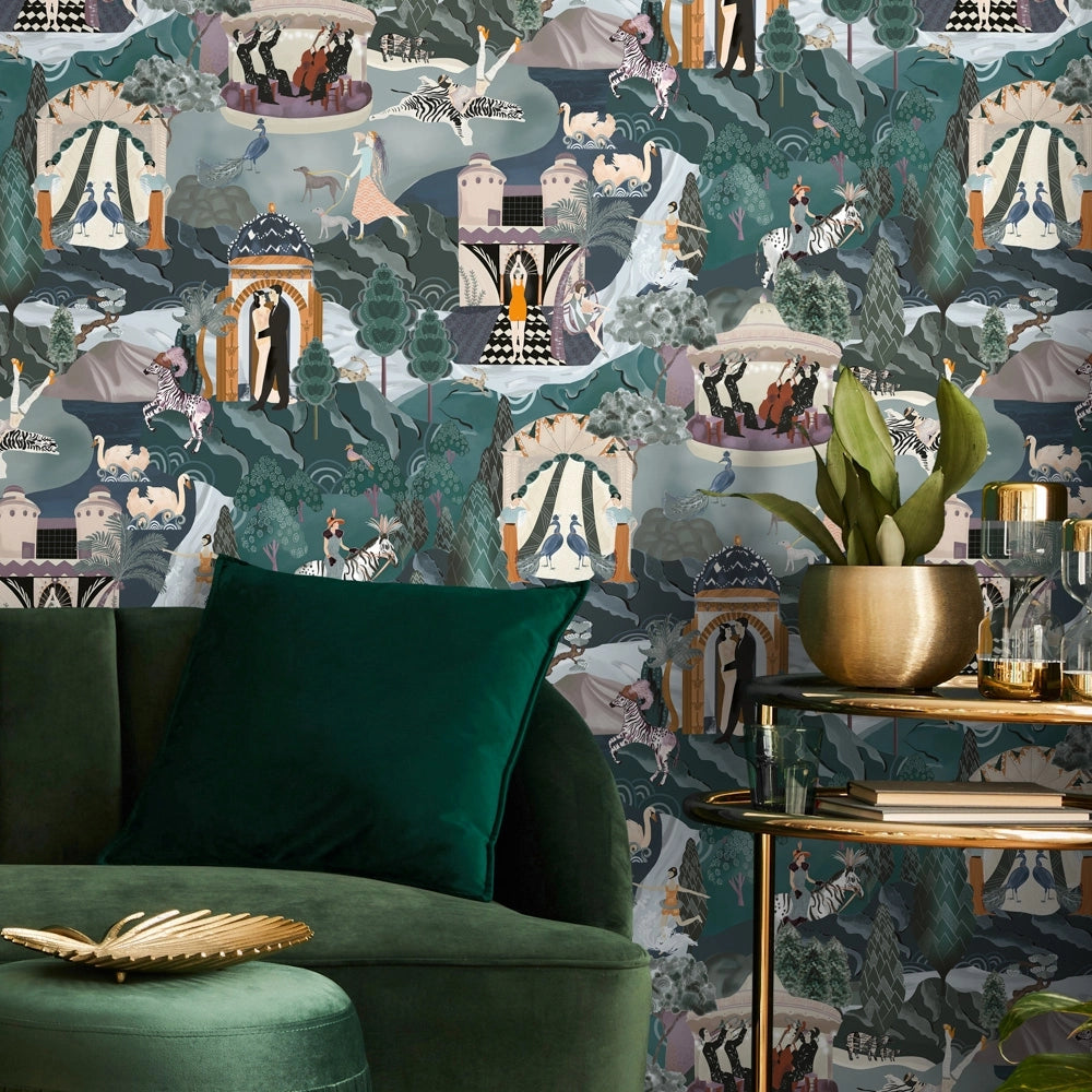 The Art Deco Hills Teal & Fuchsia Wallpaper